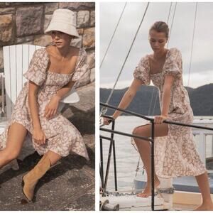 Kivari Midi Dress Size Small Linen Snake Print Designer Cottagecore Puff Sleeve